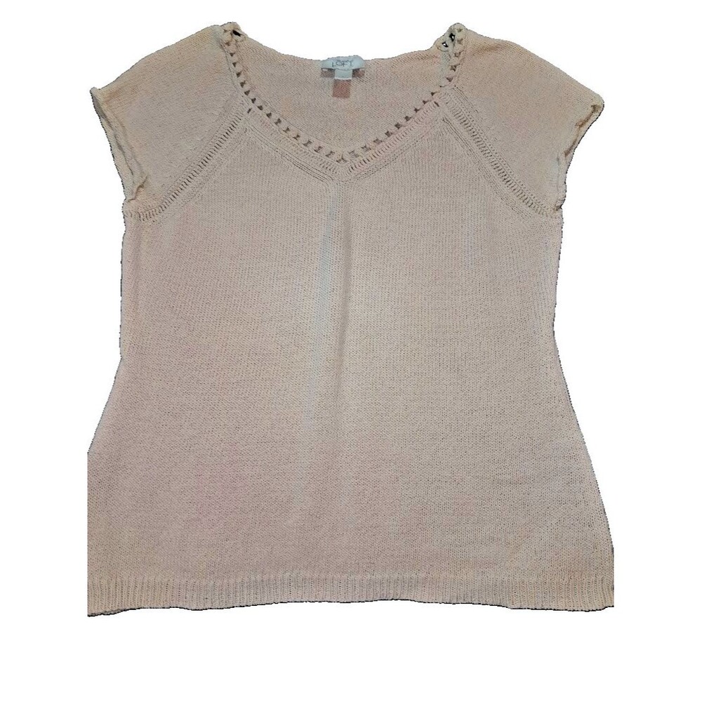 Y2k LOFT Knit Short Sleeve Sweater Beige Tan V-Neck Pointelle Trim Size L Junior